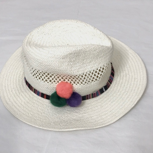 Hat Attack White Beach Hat with Colorful Pom-Poms os - Picture 5 of 10